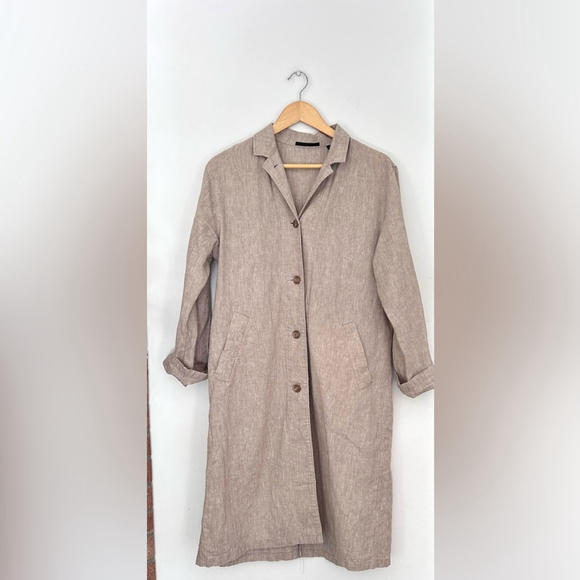 Uniqlo Linen blend Long dress Coat Beige Minimalist Coat - Picture 3 of 8